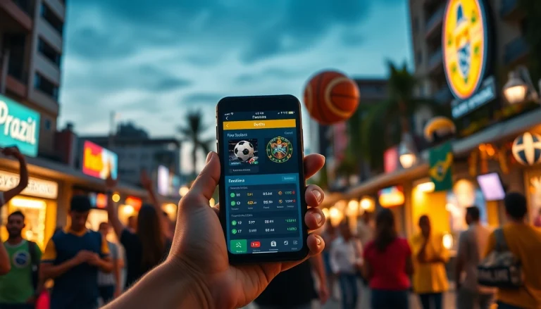Engaging scene representing best sports betting sites in Brazil with enthusiastic bettors using mobile apps.