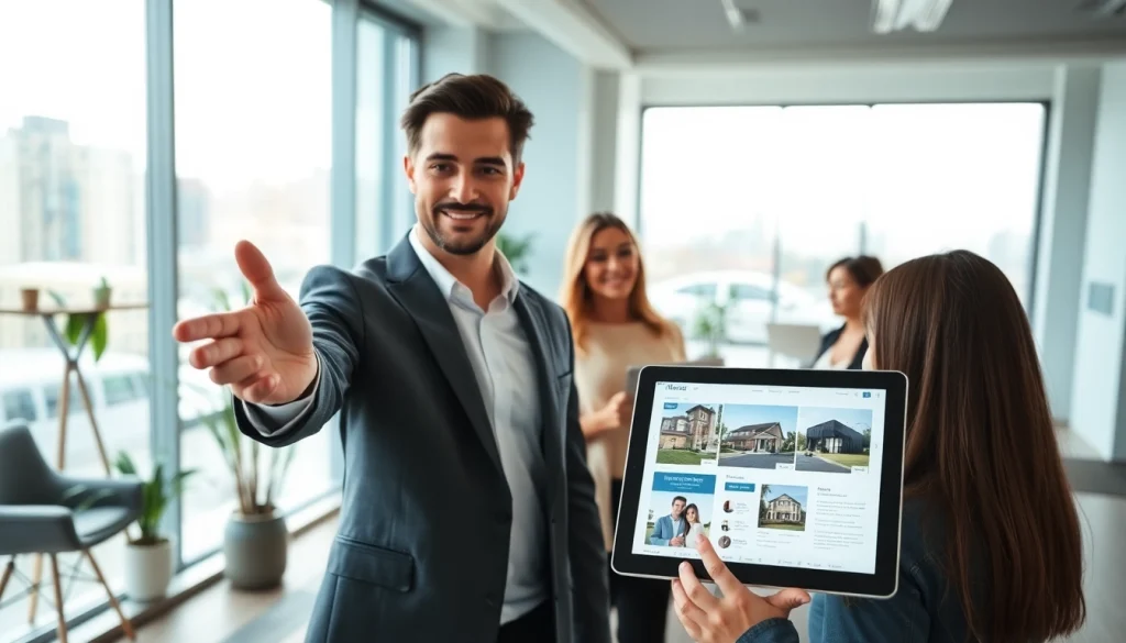 Real Estate agent engaging with clients, showcasing properties in a modern office space.