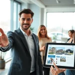 Real Estate agent engaging with clients, showcasing properties in a modern office space.