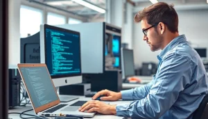 Technician performing computer repair on a desktop in a modern workspace, showcasing expert service and focus.