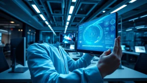 Gemini 3 Pro showcased in a modern tech office with dynamic AI interfaces.