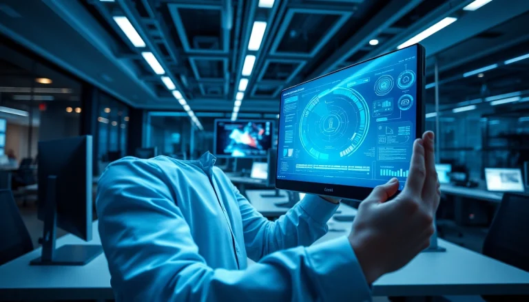 Gemini 3 Pro showcased in a modern tech office with dynamic AI interfaces.