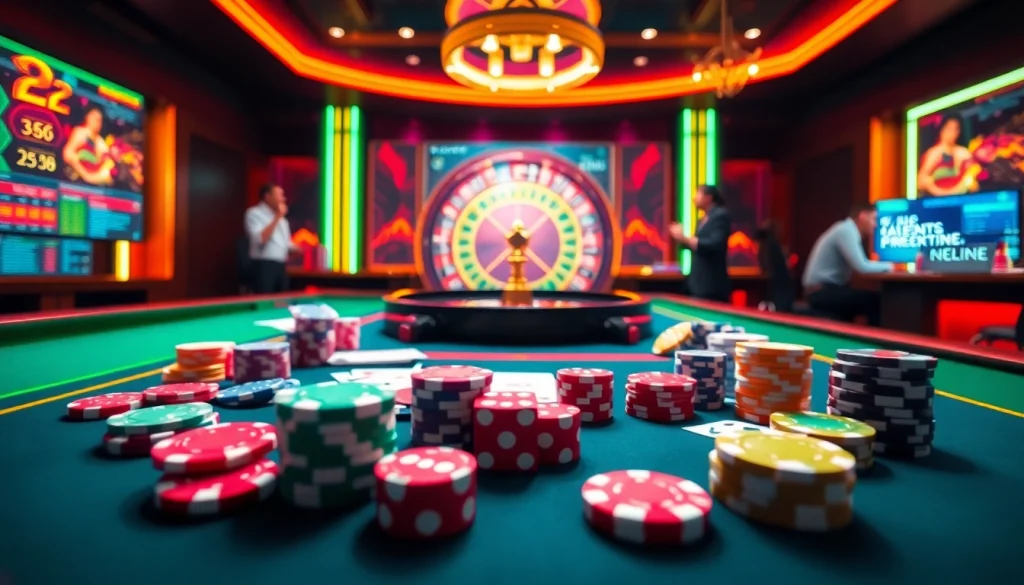 Exciting gambling action at nhà cái rr88 with poker chips and playing cards on a vibrant casino table.