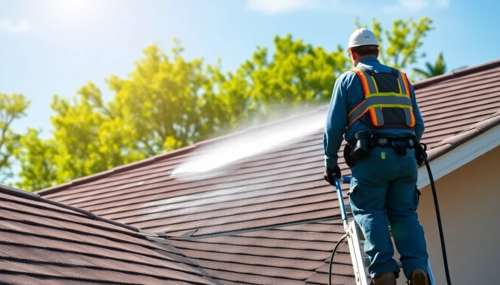 Roof cleaning in Kissimmee, FL, showcasing a technician using eco-friendly methods for residential roofing.