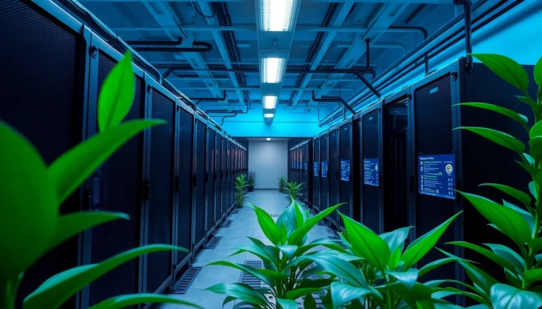 Dynamic view of a Dogecoin cloud mining facility showcasing advanced AI technology and renewable energy.