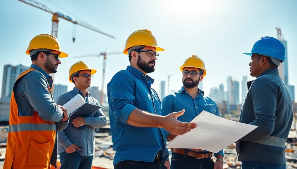 Engaged professionals collaborating at the Southern California contractors association construction site.