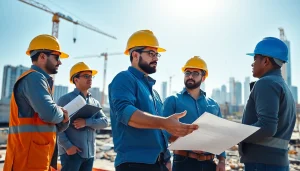 Engaged professionals collaborating at the Southern California contractors association construction site.