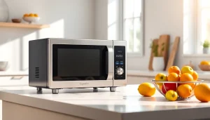 An affordable microwave oven in a bright kitchen setting, showcasing its stylish design and functionality.