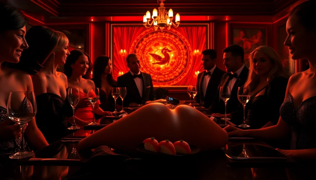 Body sushi experience at Club Noir with guests enjoying a luxurious dining setting.