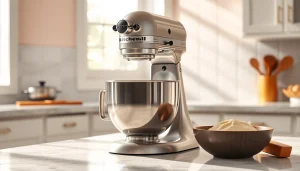 Baking with a KitchenAid mixer NZ on a bright kitchen countertop.