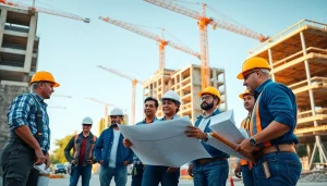 Engaged professionals working on Austin construction site with blueprints and equipment.