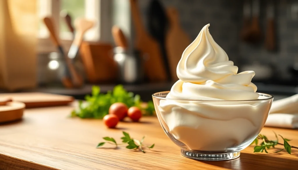 Maak een heerlijke mousseline crème in een elegante setting met op de achtergrond keukengerei.