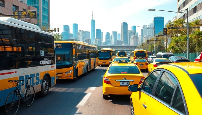 Illustrative representation of transportation options, featuring various vehicles in an urban setting.