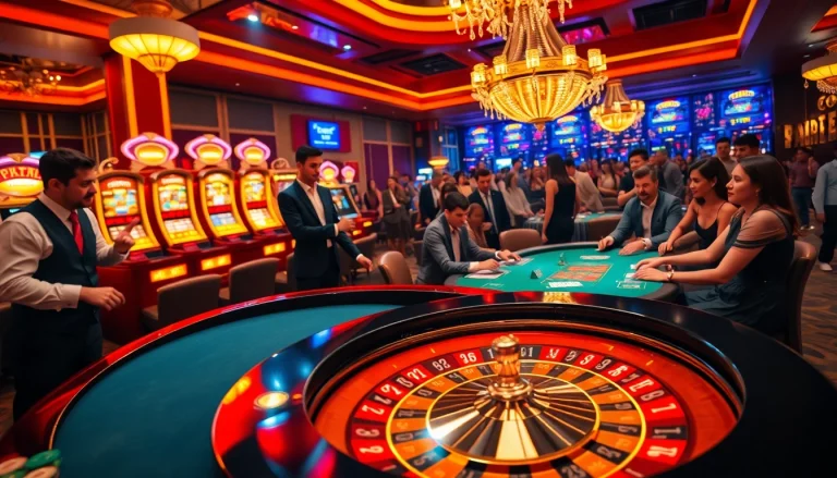 Players engage in thrilling games at RR88 casino tables showcasing luxury and excitement.