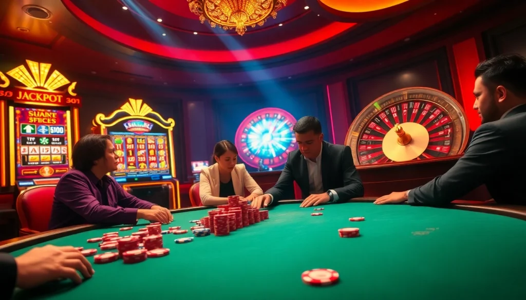 Experience the excitement of gaming at RR88 with vibrant casino action featuring poker tables and slot machines.