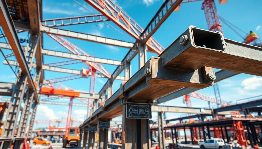 Constructing structural steel construction frame emphasizing bolted connections and site activity.