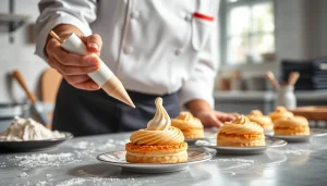Mousseline dessert being elegantly garnished by a chef in een heldere keuken.