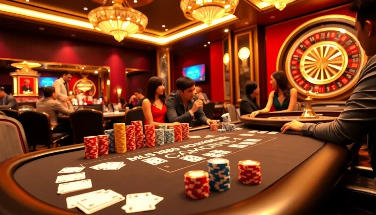 Players enjoying a thrilling game at the MM88 casino table with vibrant chips and cards.