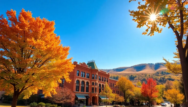 Clarksburg city scene featuring historic architecture and colorful autumn foliage.