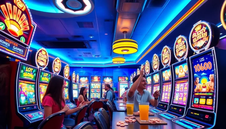 Slot hoki players celebrating victories in a lively gaming atmosphere filled with vibrant slot machines.