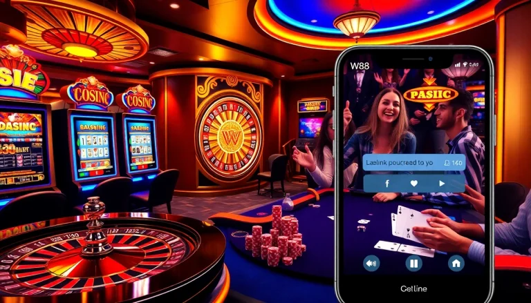Experience thrilling games at W88 casino with slot machines, poker tables, and roulette wheel action.