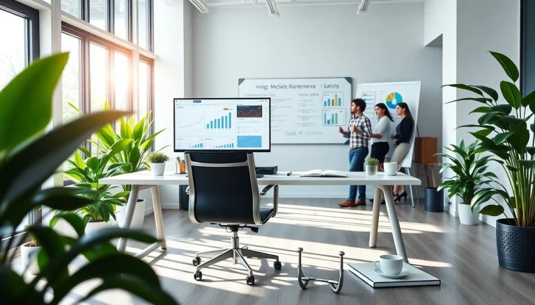 Chăm sóc website at a modern digital marketing agency showcasing effective workspace with SEO tools.