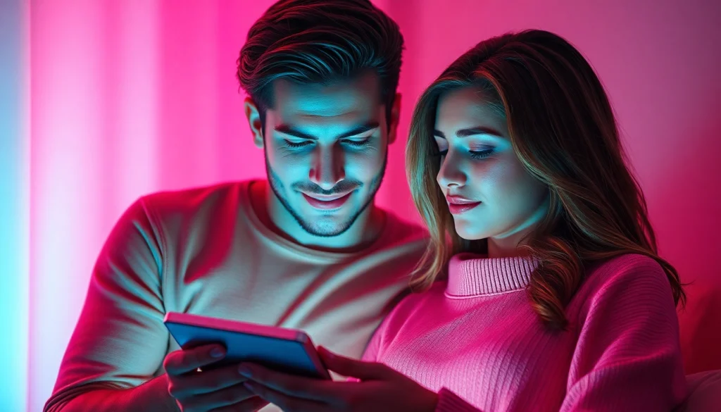 Intimate couple exploring sex AI through chatbots in a romantic, tech-inspired setting.