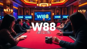 Experience thrilling gameplay at the W88 link poker table featuring vibrant chips and professional dealer.
