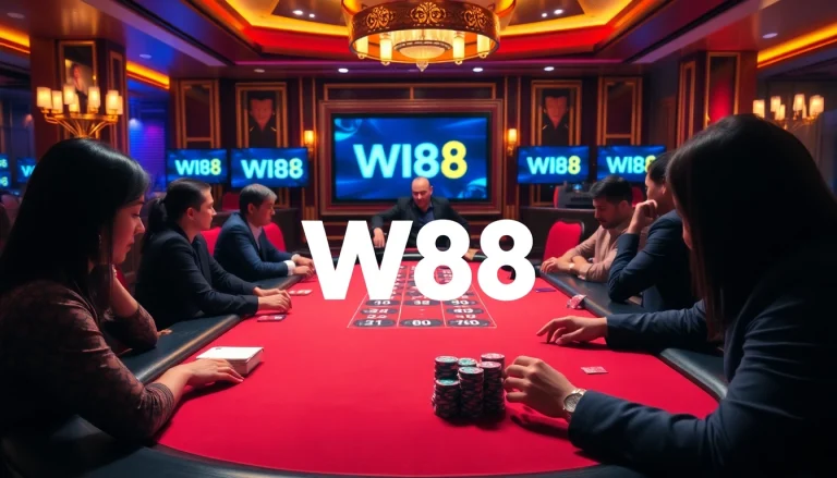 Experience thrilling gameplay at the W88 link poker table featuring vibrant chips and professional dealer.