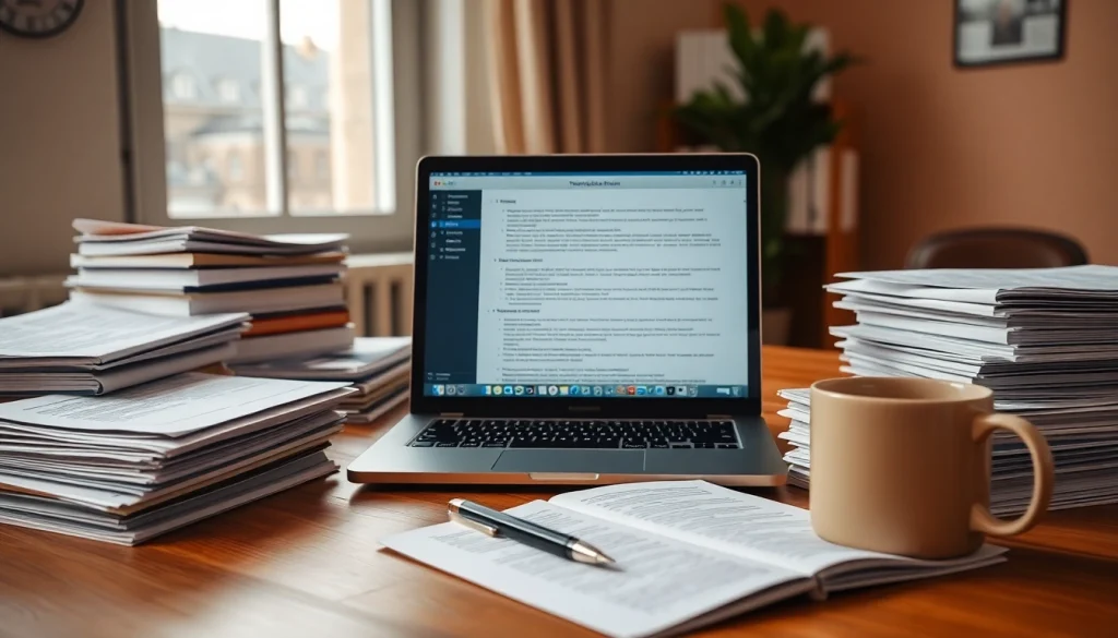 Professional translator's workspace showcasing traducere autorizată services with documents and technology.