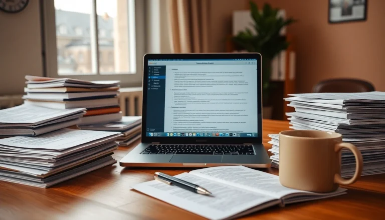 Professional translator's workspace showcasing traducere autorizată services with documents and technology.