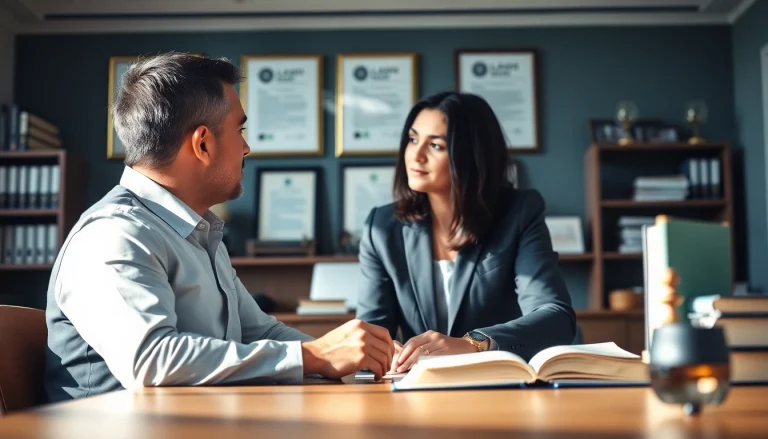 Engaging intellectual property lawyer advising a client in a modern office.