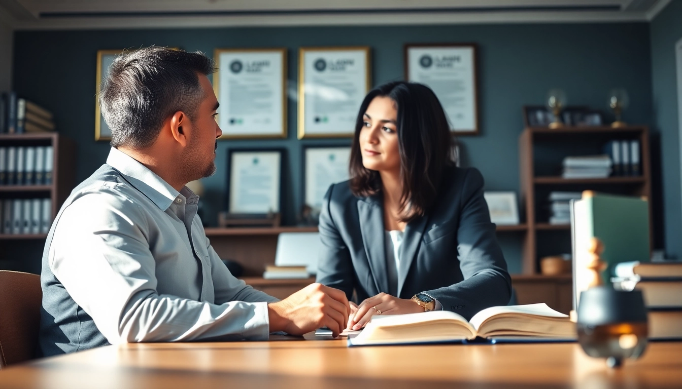 Engaging intellectual property lawyer advising a client in a modern office.