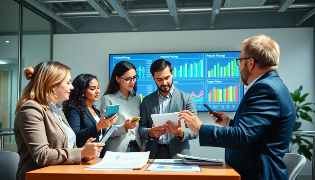 Analyze competitor pricing strategies with professionals reviewing charts in an office.