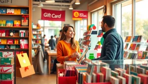 친절한 판매원이 있는 선물권 가게에서 다양한 상품권카드를 진열한 매력적인 장면.