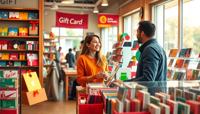 친절한 판매원이 있는 선물권 가게에서 다양한 상품권카드를 진열한 매력적인 장면.
