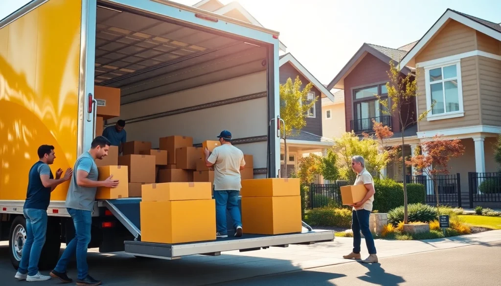Efficient movers from moving company Vancouver loading boxes into a truck in an urban setting.