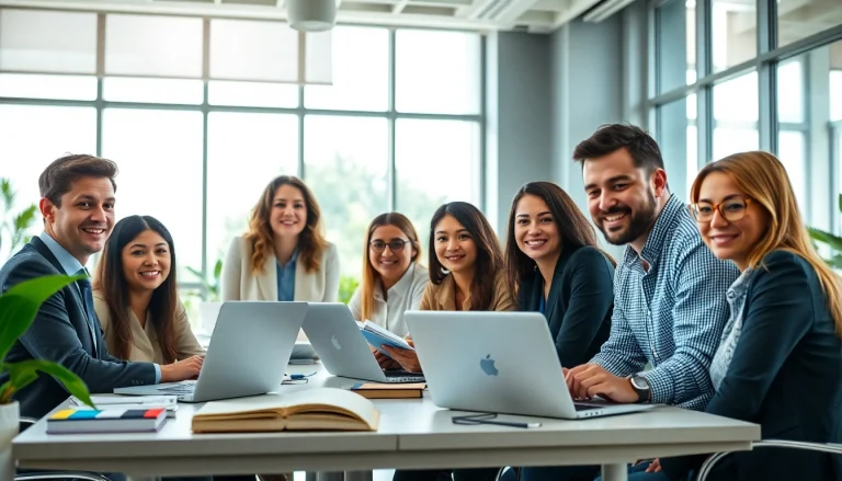 Équipe professionnelle de traducteurs collaborant dans un bureau moderne, axée sur l'agence de traduction.