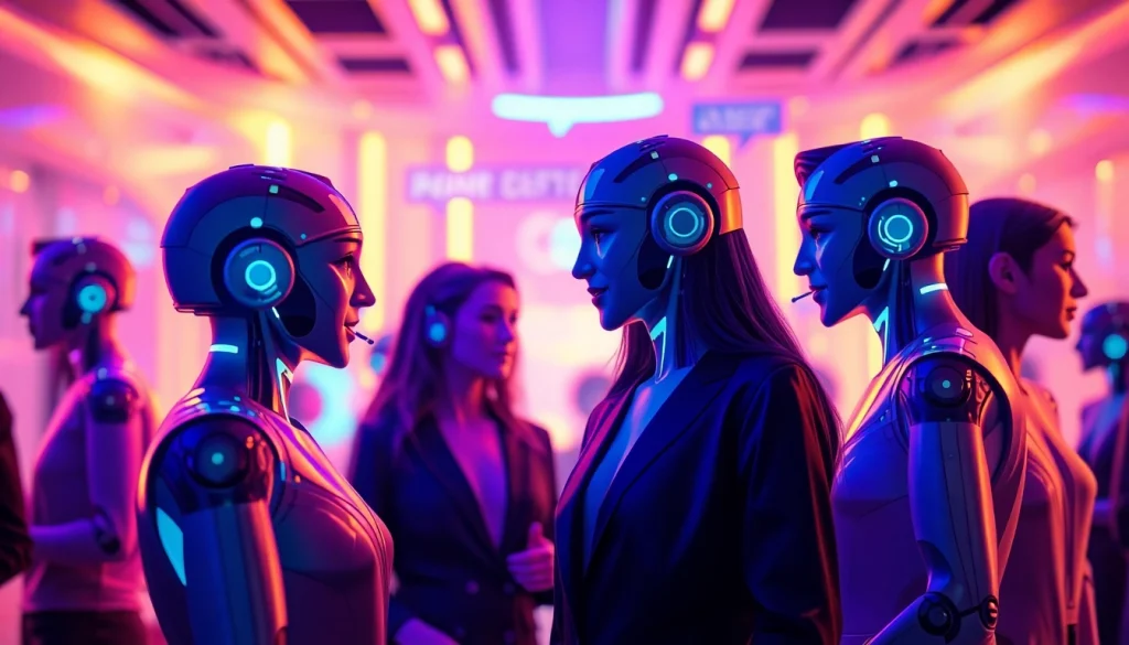 Dynamic scene of engaging sex chat AI avatars in a vibrant digital chat room