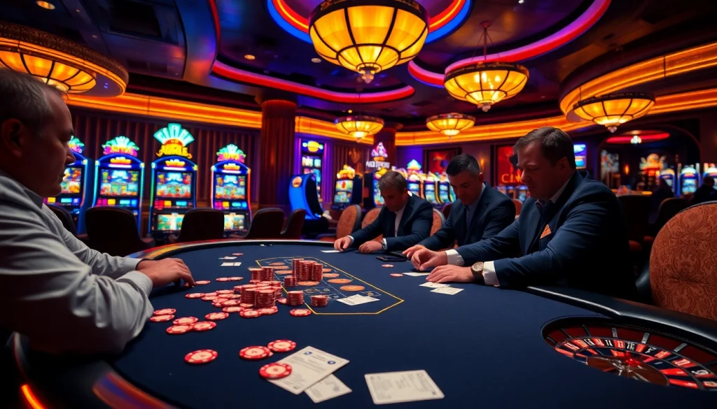 AU88 players strategizing intensely at a vibrant casino table with chips and cards.