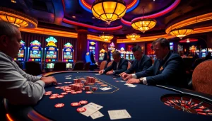 AU88 players strategizing intensely at a vibrant casino table with chips and cards.