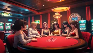 Experience thrilling gameplay with a hentai game as animated characters engage at a lively casino table.