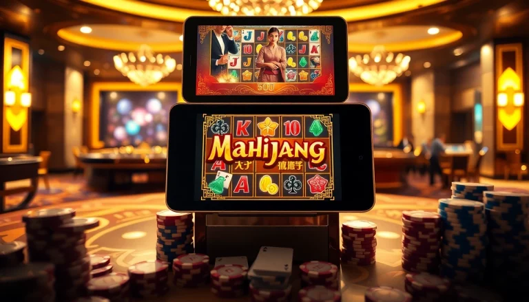 Putar gulungan slot demo Mahjong dikelilingi elemen kasino yang berwarna-warni.