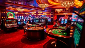 XSMB247 players engaging in a lively casino atmosphere with roulette wheels and poker tables