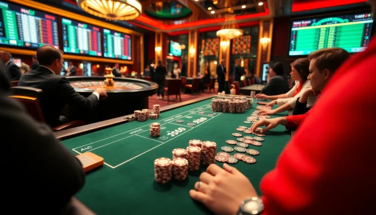 Players engaging in thrilling poker at a luxury casino, featuring elements from https://www.kjc.global/ and vibrant casino atmosphere.
