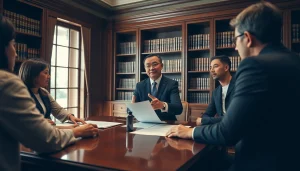 Engaging intellectual property lawyer discussing legal strategies with clients in his office.