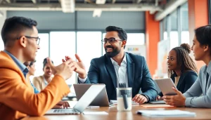 Empowering a business coaching service session with diverse clients concentrating on growth.