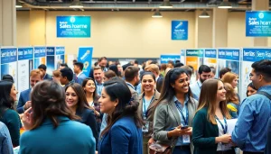 Job seekers networking at a job fair while searching for sales jobs near me.