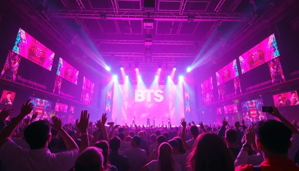 BTS news from a vibrant concert featuring energetic fans and colorful stage lights.