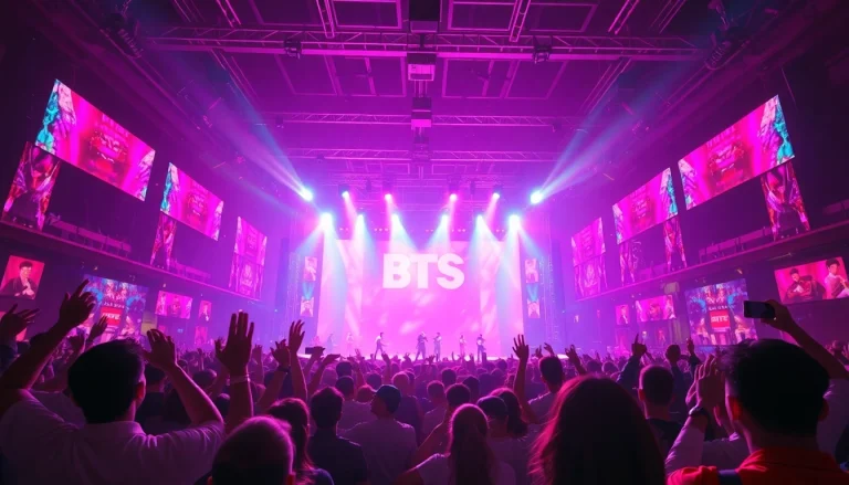 BTS news from a vibrant concert featuring energetic fans and colorful stage lights.